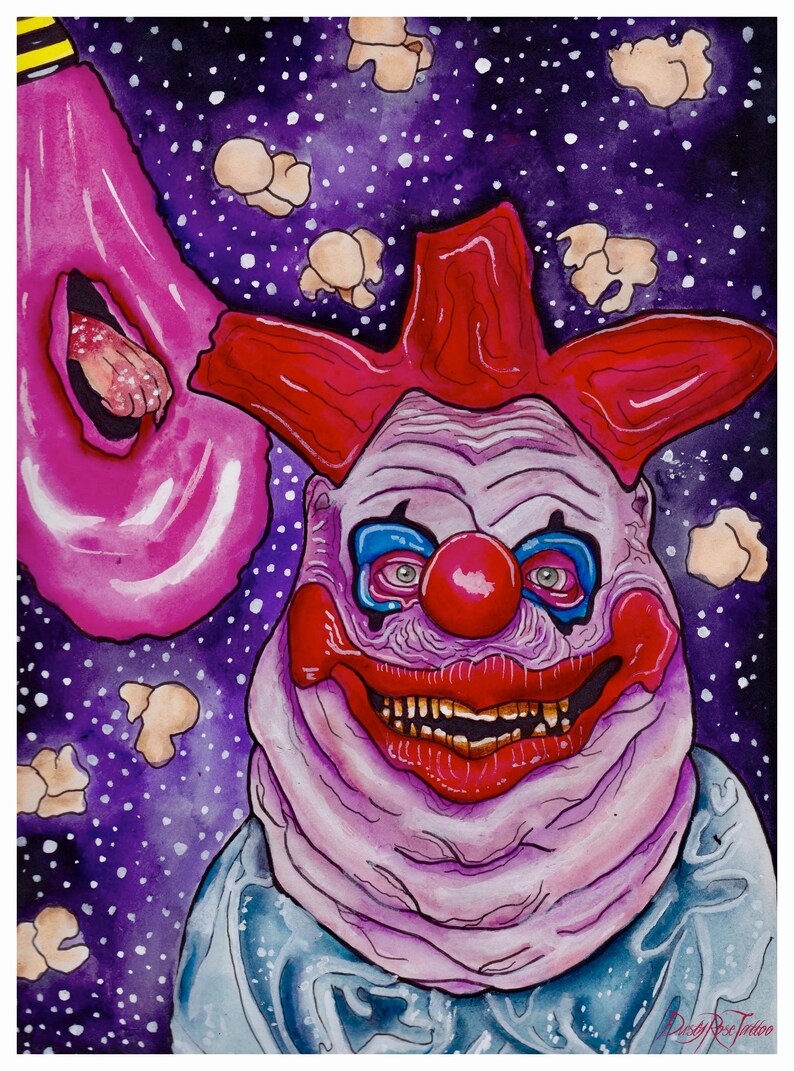 May include: A watercolor painting of a clown with a red star-shaped hat, a red nose, and a wide, toothy grin. The clown is surrounded by popcorn and a pink, fleshy object. The background is a purple and white starry sky.