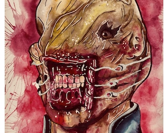 May include: Watercolor painting of a monstrous creature with a large, open mouth, sharp teeth, and a fleshy, pale face. The creature is wearing a dark blue jacket and has a bloody neck. The background is a red and white splatter pattern.
