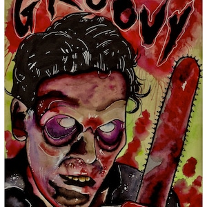 Evil Dead art print, Bruce Campbell art, Evil dead 2, Deadite, horror art print, Groovy, evil dead painting, horror fan, dark art, evil dead