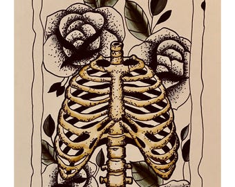 May include: A black and white illustration of a ribcage with a yellow tint, surrounded by white roses and green leaves. The word "Mourn" is written in black text on a black background at the bottom of the image.