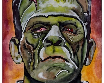 Puede incluir: Pintura de acuarela de la criatura de Frankenstein con piel verde, ojos rojos y puntos de sutura en la frente. El fondo es un naranja y rojo borroso.