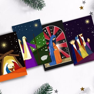 Cartões de Natal cristãos. Cartões de Natal da Natividade com envelopes. Packs mistos de 8 ou 12 postais de Natal A6. Cartões com versículos bíblicos da Natividade.