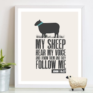 Kids bible verse Wall art/ Sheep Print / Scripture art / Animal framed Print/ Nursery wall art/ kids room/ Christian gift /John 10: 27