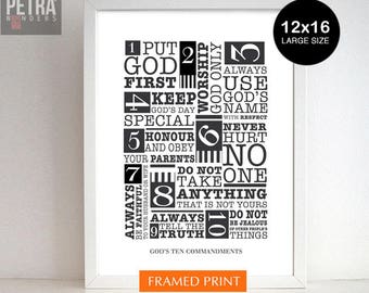 Ten commandments Typographic Framed Print. Bible verse Scripture art. Christian Black and white Wall Art Print.