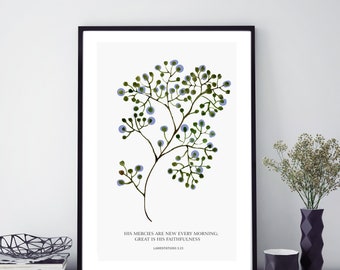 Bible verse print, Lamentations 3:23 Botanical wall art, Christian gift, Christian home decor kitchen Living room Office bedroom nursery art