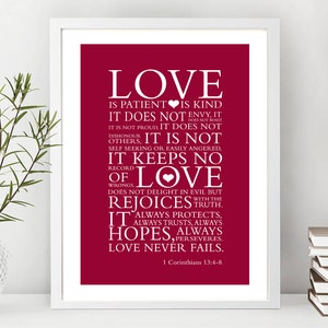 Love Print Framed wall art, Bible verse 1 Corinthians 13:4 7, Scripture art Christian Print Gift,  Wedding Gift Print Anniversary Gift