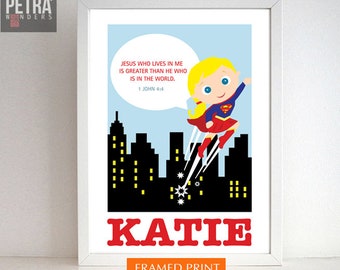 Girls room print. Super girl, Super hero bible verse wall decor. Scripture Art -1 JOHN 4:4.