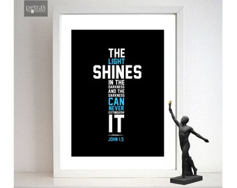 Cross scripture print , Bible verse Print in a frame - The light shines in the darkness  John 1.5. By petras wonders