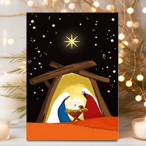 Biglietto di Natale della Natività. Biglietti di Natale cristiani A6 con versetti della Bibbia e buste. Gesù nella mangiatoia, Maria e Giuseppe, presepe artistico.