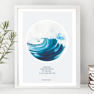 Watercolour Ocean Waves Bible Verse Scripture Art Mightier than the waves Christian Wall Art Inspirational Quote Gift