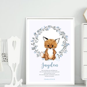 New Baby Gift, Bible verse Print Aaronic Blessing Numbers 6, Baptism Christening Naming Ceremony Dedication Gift Wall art, Animal fox print