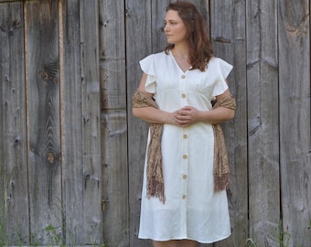 Cream White Linen Viscose Button Up Butterfly Sleeves Dress L