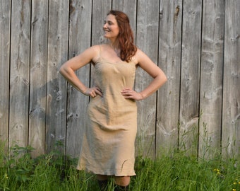 Beige Linen Flax Bias Cut Spagetti Strap Ruffle Summer Dress L