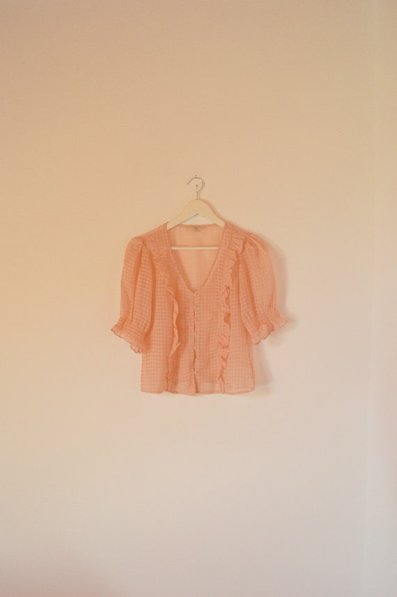 Peach Pink Pastel Rose Puff Sleeve Blouse S