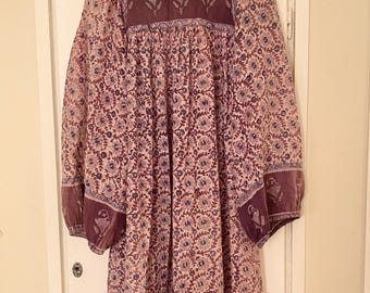 Indian Cotton Gauze Blockprint Boho 70s Vintage Dress Hippie Medium