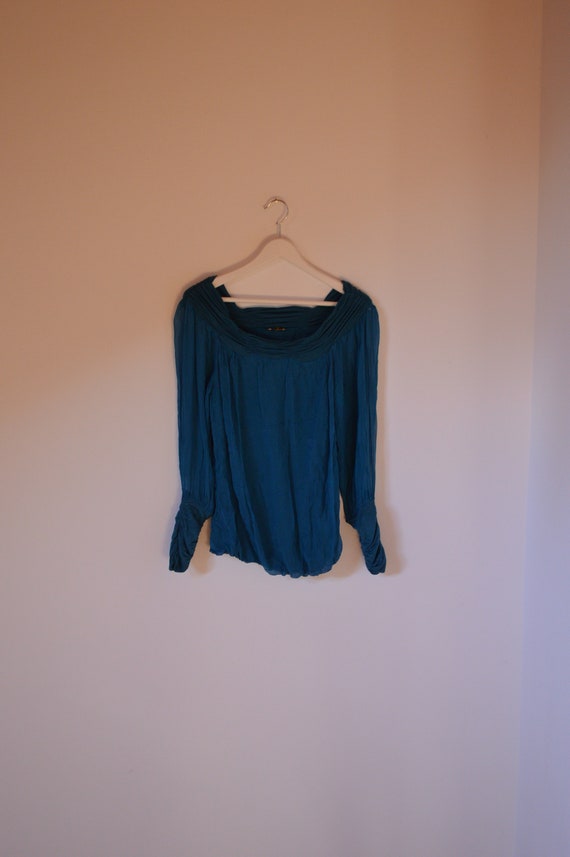 Teal Viscose Ruffled Sleeves Silk Top Transparent