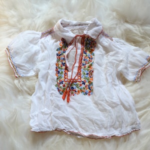 Antique Hungarian Cropped Puff Sleeve Folk Blouse 30s 40s XS S