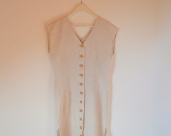 Classy Beige Oatmeal Italian Button Up Linen Dress Wooden Buttons US 12 EU 44