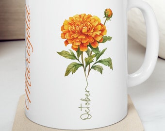 Marigold Flower Mug: October Birth Month, Garden Lover Gift