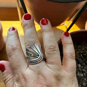 May include: A silver ring featuring a fan-shaped design with multiple curved, radiating metal bands that sweep upward from a solid base. The ring has a polished metallic finish and a wide, structured silhouette that wraps around the finger.