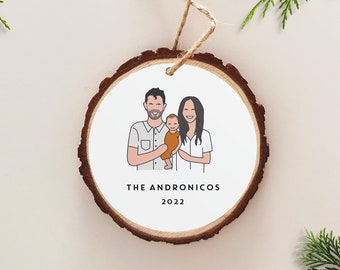Custom Family Illustration Wood Slice Ornament, Personalized Keepsake