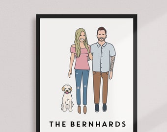 Custom Family Portrait Illustration: Personalized Couple & Pet Art