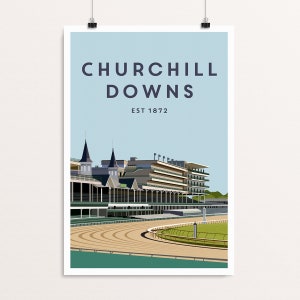 May include: A poster print featuring Churchill Downs, with the text "CHURCHILL DOWNS EST 1872" in dark blue. The image depicts the racetrack, grandstands, and a light blue sky.