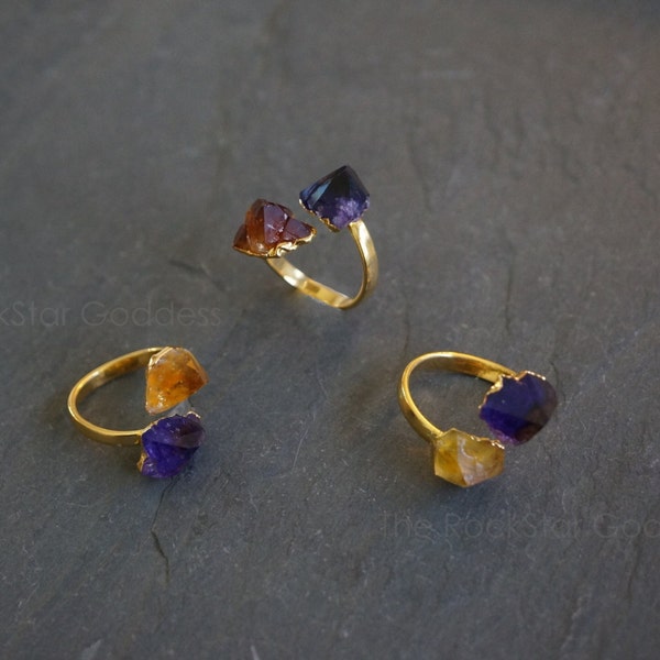 Amethsyt Ring ⊿ Citrine Ring ⊿ Raw Citrine ⊿ Raw Amethyst ⊿ Citrine Crystal ⊿ Gold Plated Ring ⊿ Gold Citrine ⊿  November Birthstone