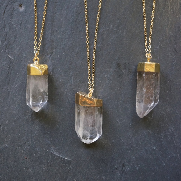 Quartz Necklace, Raw Quartz Necklace, Gold Quartz Pendant, Raw Quartz Crystal, Gold Quartz Jewelry, Satellite Chain, Natural Quartz Necklace