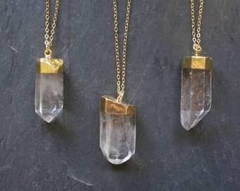 Quartz Necklace, Raw Quartz Necklace, Gold Quartz Pendant, Raw Quartz Crystal, Gold Quartz Jewelry, Satellite Chain, Natural Quartz Necklace