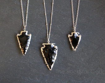Silberne Obsidian-Halskette, Pfeilspitzen-Halskette, schwarze Obsidian-Halskette, rohe Obsidian-Halskette, Obsidian-Halskette, schwarzer Pfeil-Anhänger