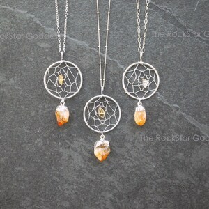 Raw Citrine Dreamcatcher Necklace: Sterling Silver Chain, Crystal Pendant