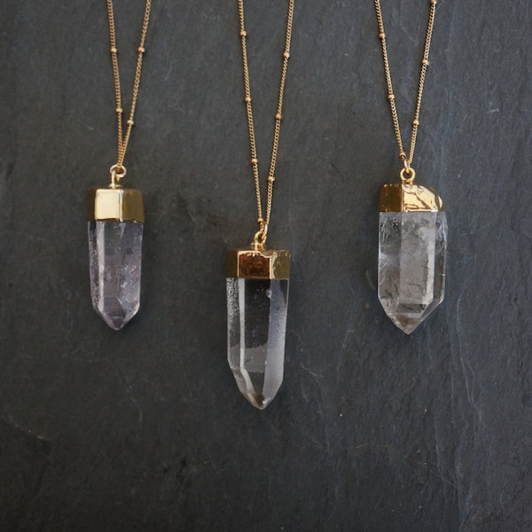 Quartz Necklace, Raw Quartz Necklace, Gold Quartz Pendant, Raw Quartz Crystal, Gold Quartz Jewelry, Satellite Chain, Natural Quartz Necklace