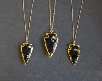 Black Obsidian Necklace, Raw Obsidian Necklace, Arrowhead Necklace, Gold Obsidian Necklace