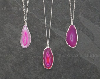 Pink Agate Necklace, Silver Druzy Necklace, Sliced Agate Necklace, Druze Necklace, Agate Pendant, Agate Jewelry