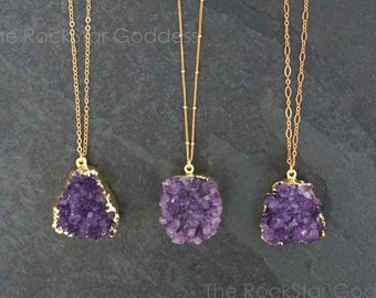 Gold Amethyst Necklace, Amethyst Jewelry, Druzy Necklace, Raw Crystal Necklace, Gold Amethyst Druzy, Gold Amethyst