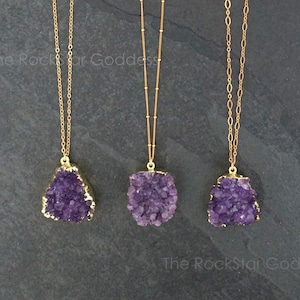 Gold Amethyst Necklace, Amethyst Jewelry, Druzy Necklace, Raw Crystal Necklace, Gold Amethyst Druzy, Gold Amethyst