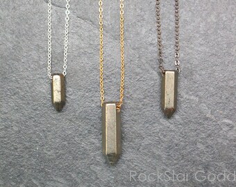 Polished Pyrite Pendant Necklace: Sterling Silver, Gold Filled, Gunmetal Chain
