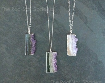 Colar de Ametista Prateada, Estalactite de Ametista, Pingente de Ametista Prateada, Joias de Ametista, Pedra de Nascimento de Fevereiro