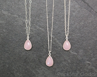 Silver Rose Quartz Necklace, Sterling Silver Chain, Rose Quartz Pendant, Rose Quartz Jewelry, Satellite Chain, Gift for Her