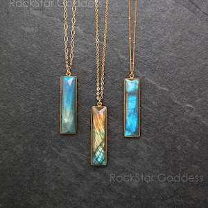 Gold Labradorite Pendant, Custom Length Necklace, Vertical Rectangle Gemstone
