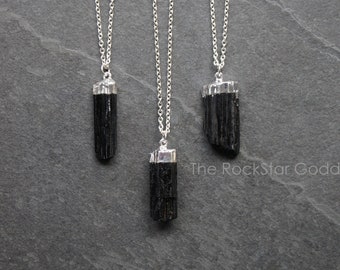 Black Tourmaline Necklace, Mens Tourmaline Necklace, Raw Tourmaline Pendant, Mens Jewelry, Silver Tourmaline Necklace, Gift for Him