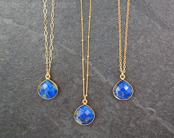 Gold Lapis Lazuli Necklace, Custom Length 14k Gold Chain, Blue Gemstone Pendant