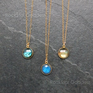 Gold Labradorite Pendant Necklace, Select Blue Green or Gold Pendant, Custom Length Chain, Gemstone Jewelry