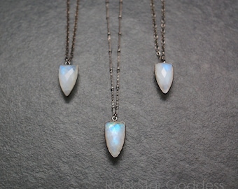 Moonstone Pendant Necklace - Custom Gunmetal Chain - Rainbow Moonstone