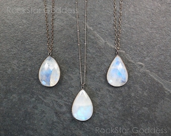 Teardrop Moonstone Pendant: Sterling Silver Necklace, June Birthstone, Rainbow Moonstone