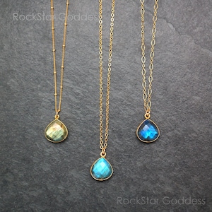Gold Labradorite Necklace, Select Green Gold Blue or Multicolored Pendant, Custom Length Chain