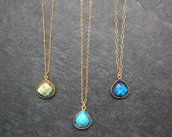 Gold Labradorite Necklace, Select Green Gold Blue or Multicolored Pendant, Custom Length Chain