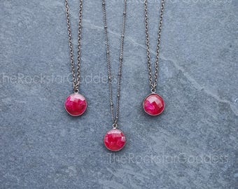 Ruby Necklace, Gunmetal Ruby Necklace, Ruby Gemstone, July Birthstone, Ruby Jewelry, Ruby Pendant, Custom Length Chain, Gemstone Necklace