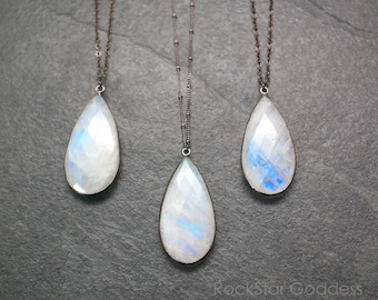 Teardrop Moonstone Pendant Necklace: Gunmetal Chain, June Birthstone